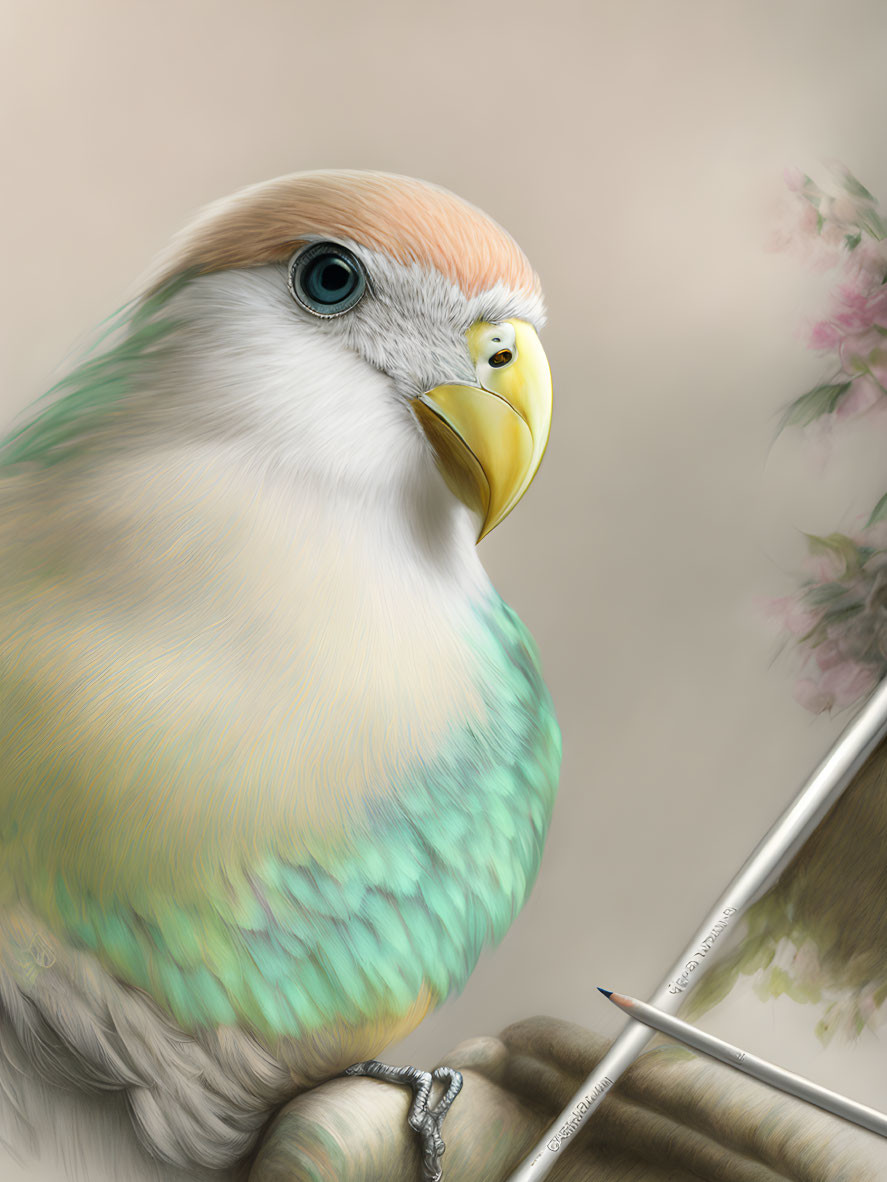 Colorful Bird Illustration with Piercing Gaze and Yellow Beak