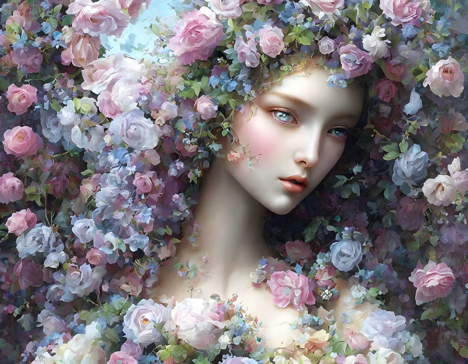 Ethereal portrait of woman with blue eyes among pastel roses