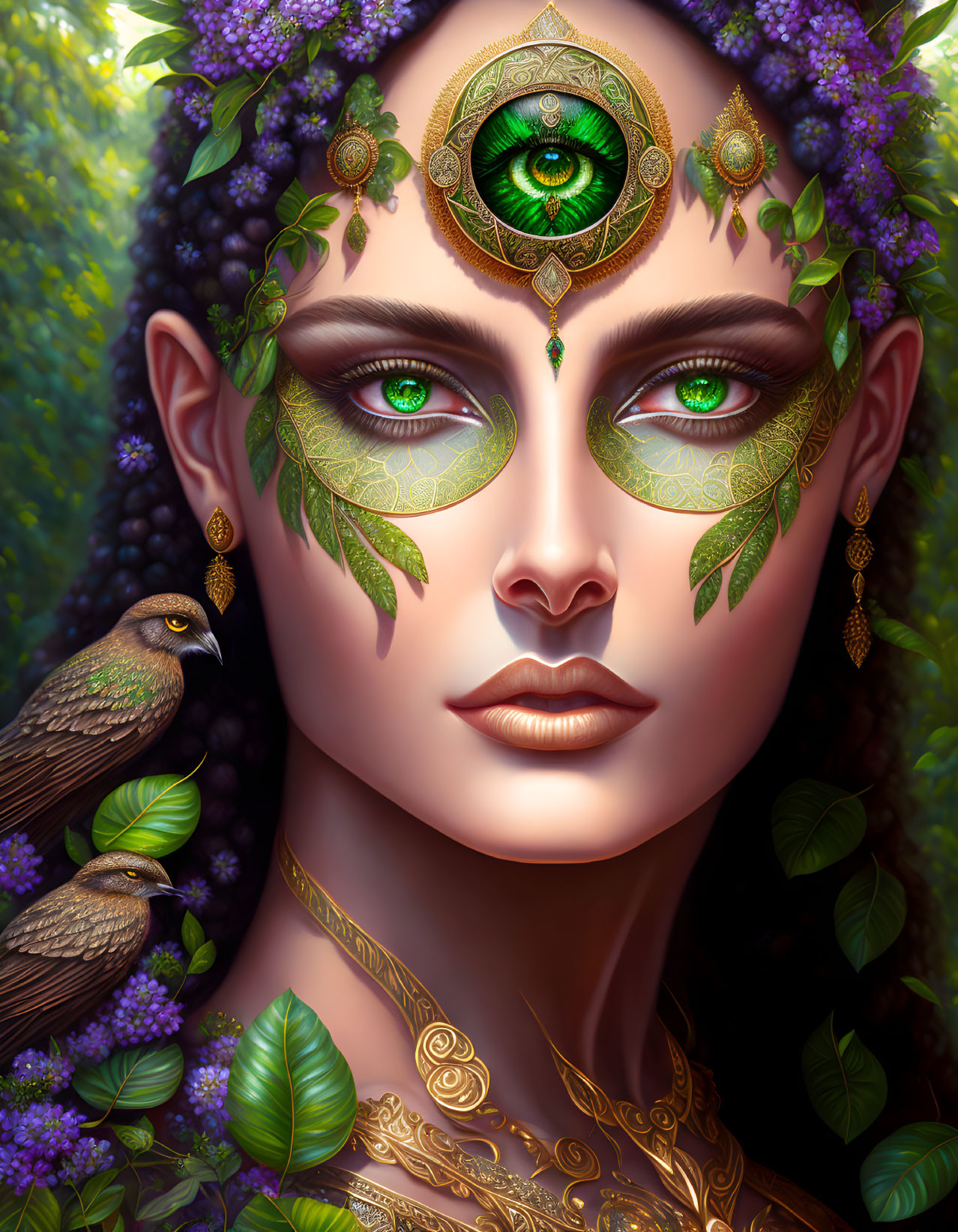 Woman with Green Eyes Wearing Nature-themed Makeup and Jewelry, Birds in Floral Background