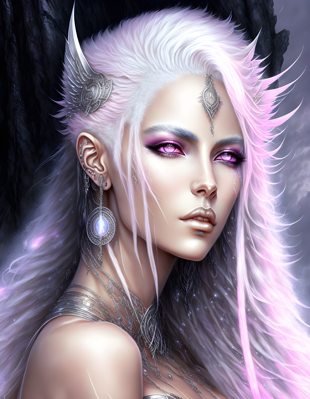 Fantasy character illustration with pale skin, pointed ears, purple eyes, white and pink hair, and