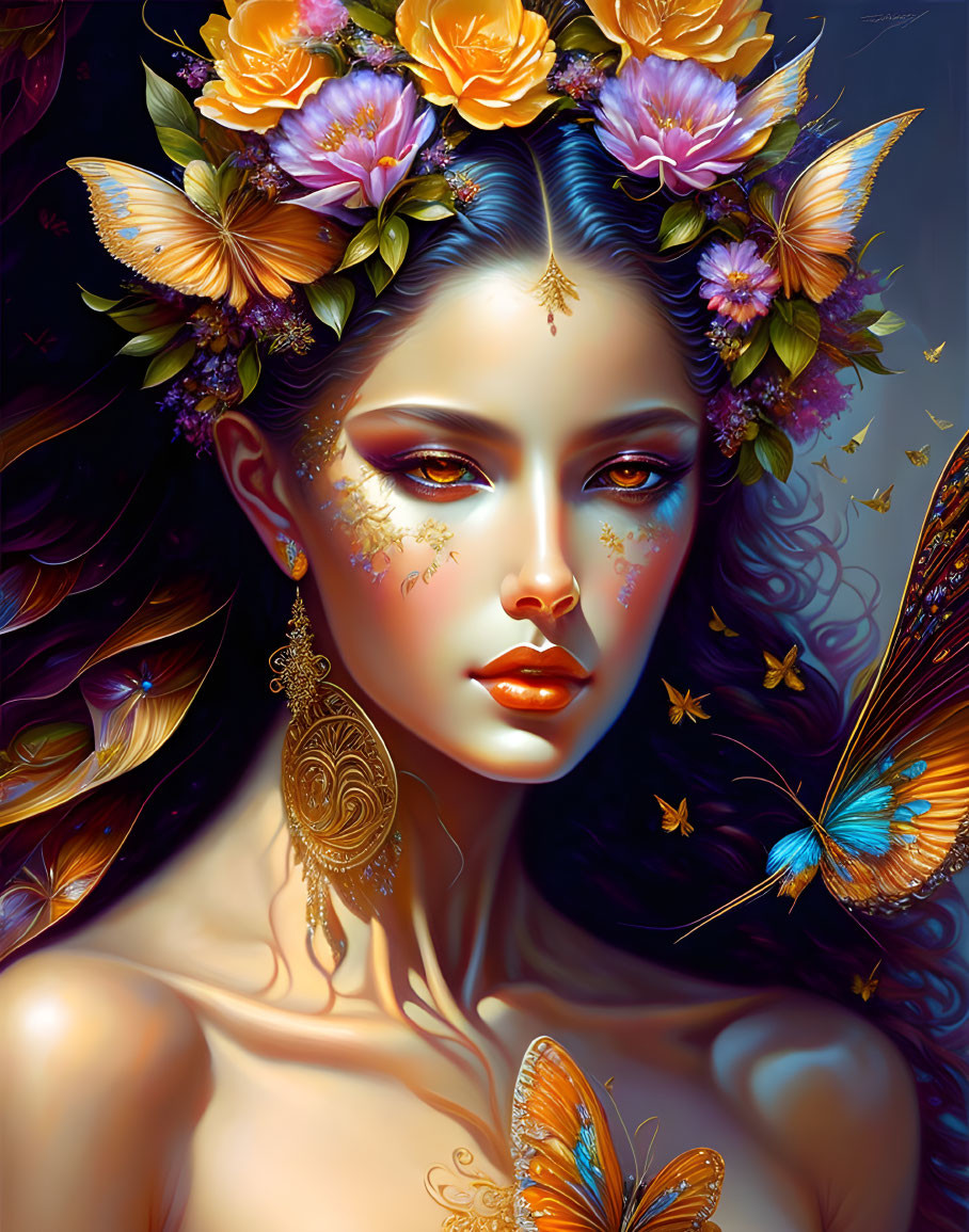 Ethereal woman with flowers, gold skin, and butterflies