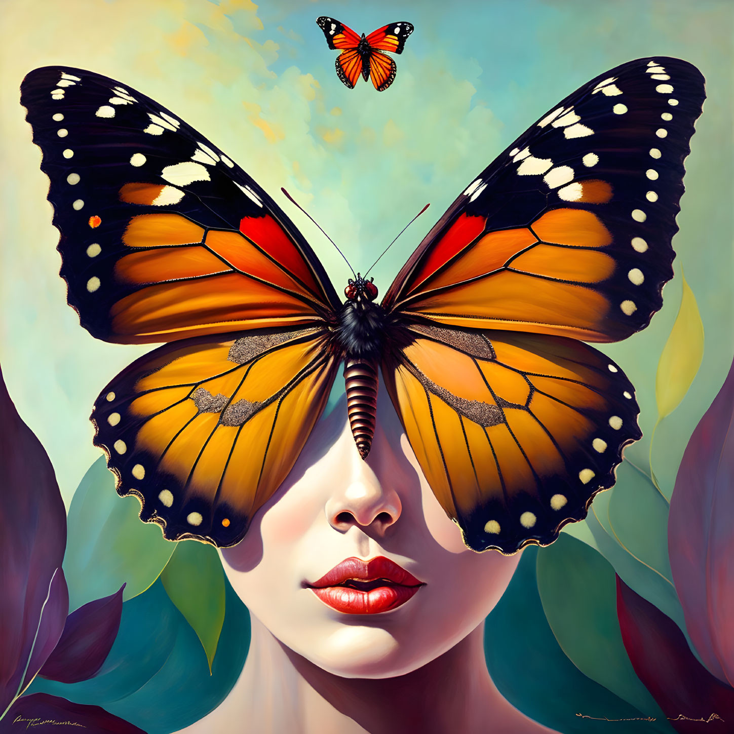 Woman's face merges with butterfly in surreal artwork