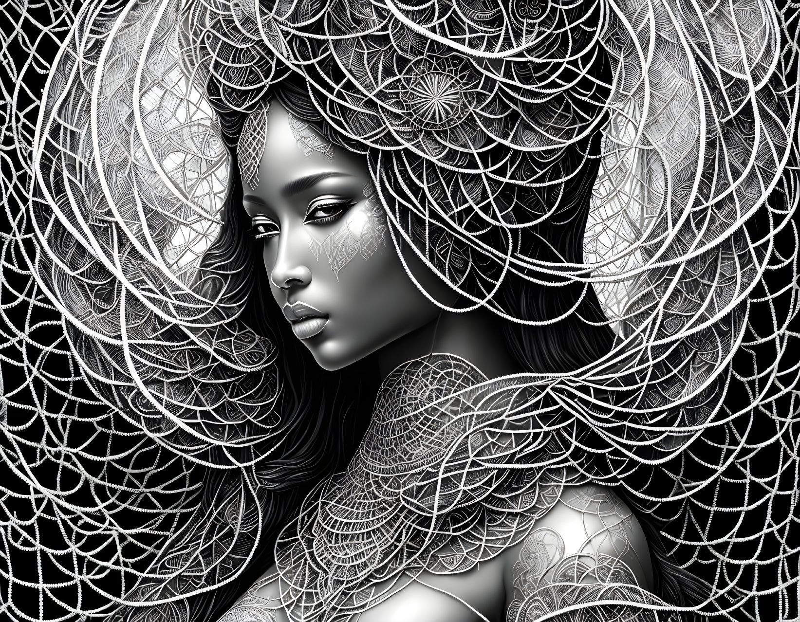 Monochrome digital artwork of woman with intricate lace-like patterns in hair and on shoulder