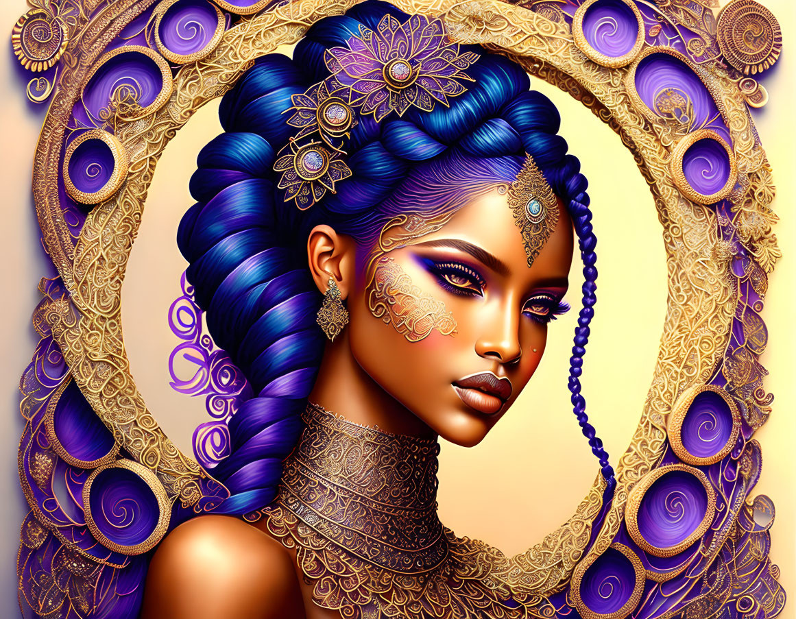 Intricate gold and purple jewelry on woman with vibrant blue hair