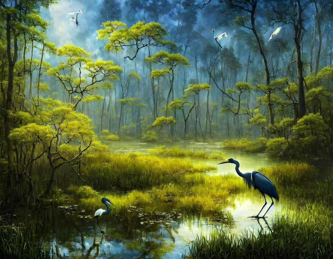 Tranquil swamp scene with tall trees, blue water, green foliage, and heron bird