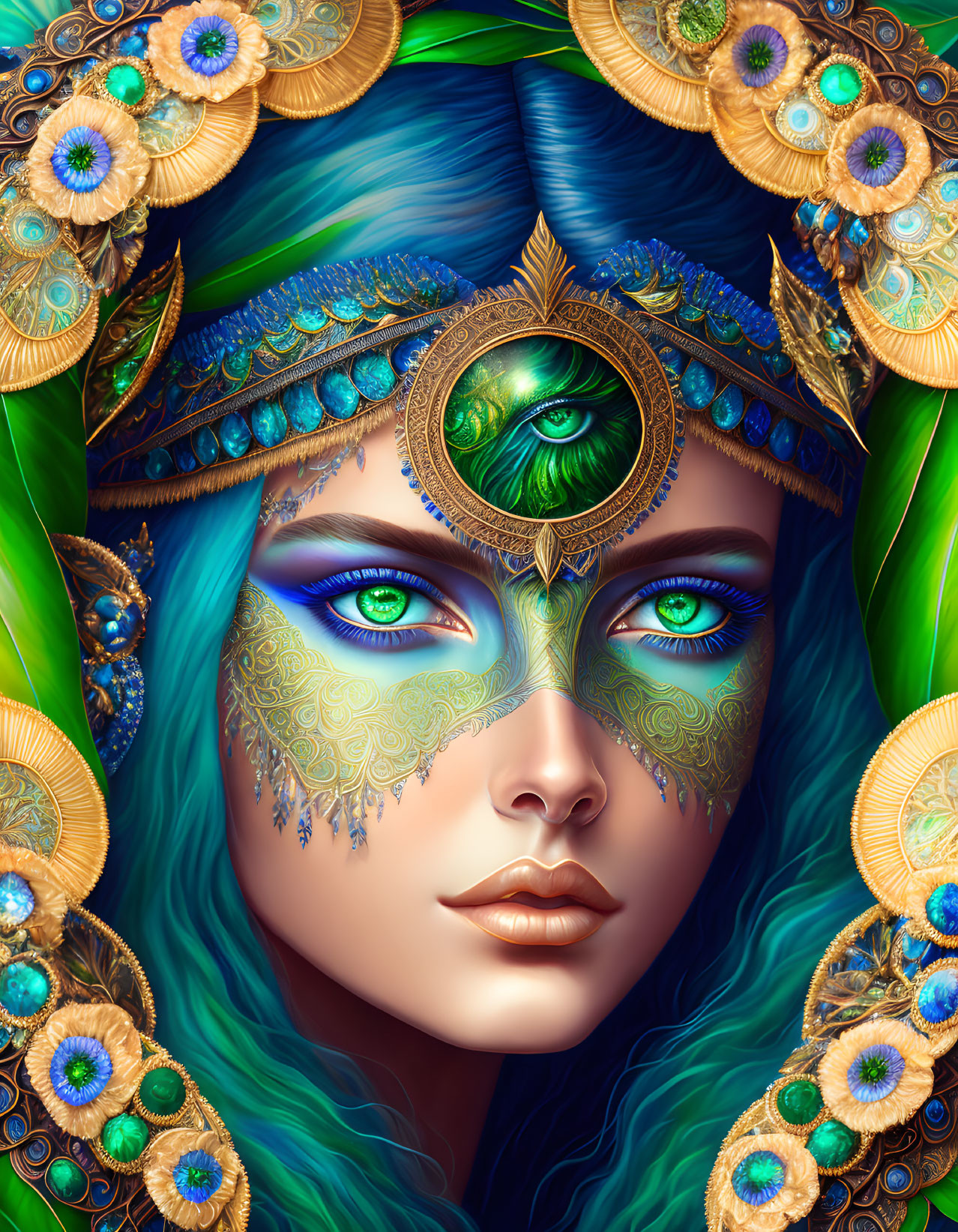 Colorful digital portrait of a woman with blue hair and peacock feather headdress.