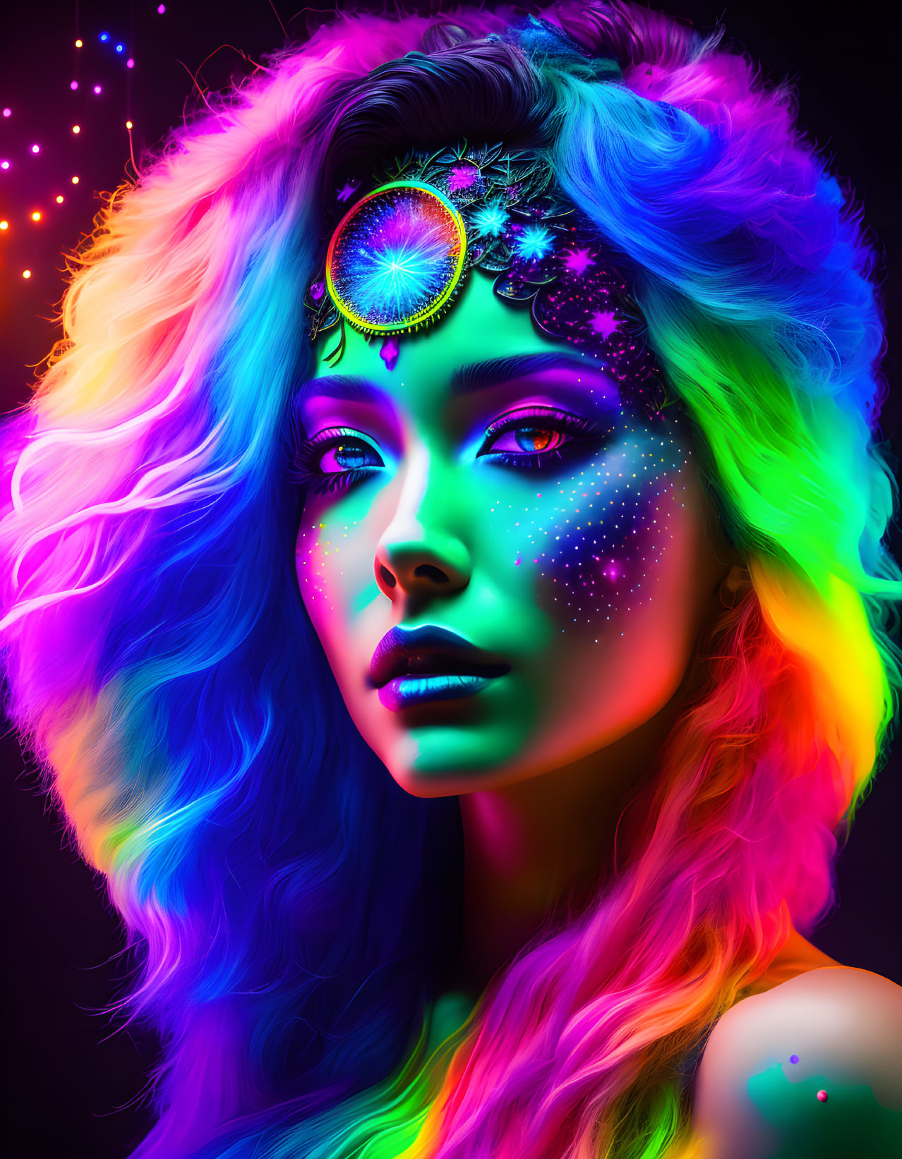 Colorful portrait of woman with rainbow hair and neon face paint under decorative forehead piece and vibrant lights