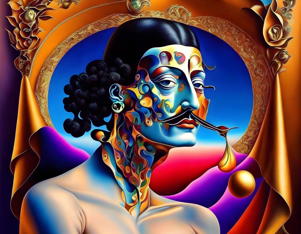 Surreal portrait: human figure fused with fluid and metallic elements on vibrant backdrop, adorned with orn