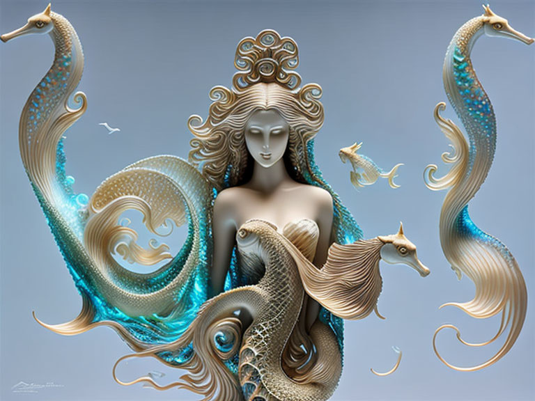 Surreal artwork of woman with seashell hair and marine creatures