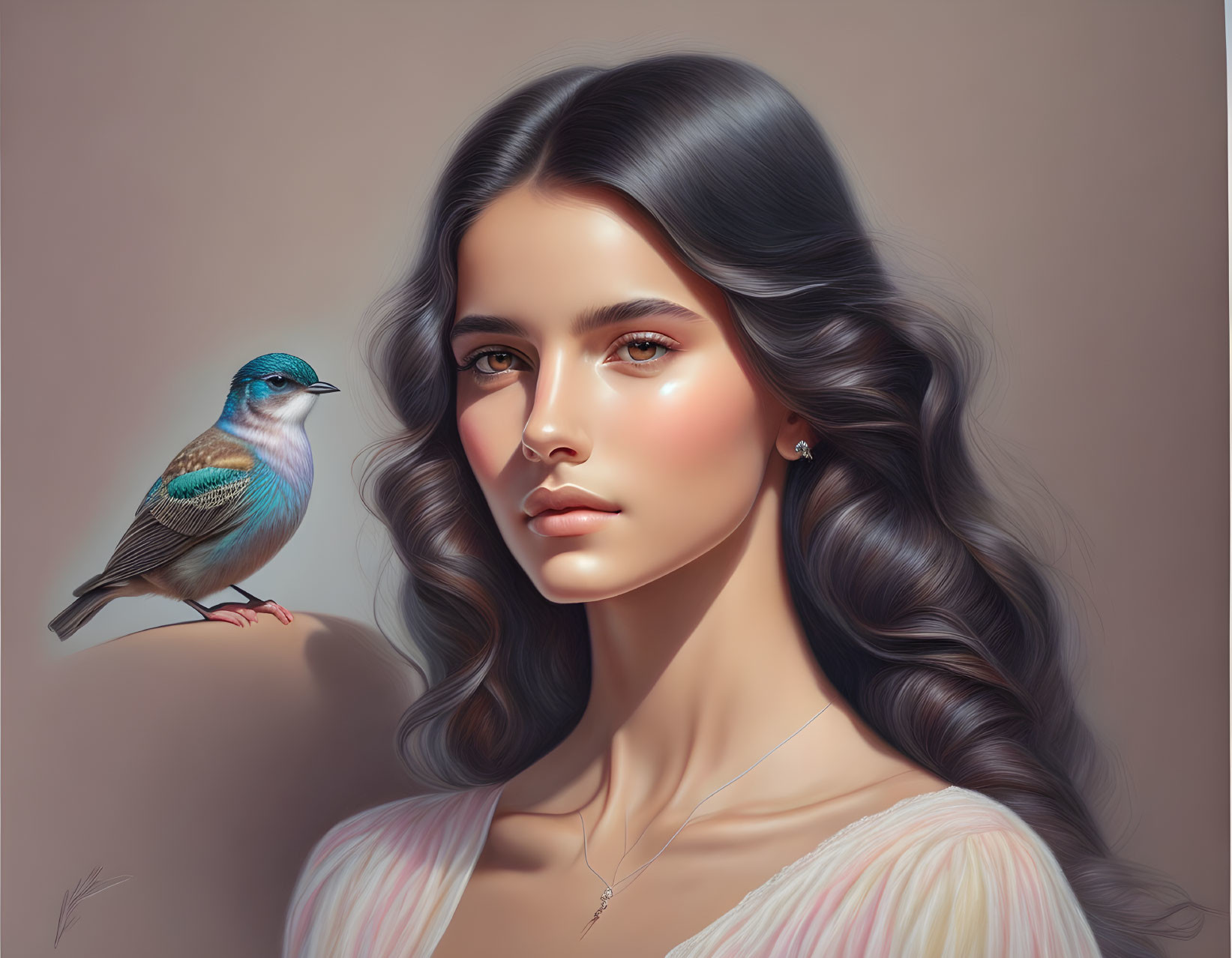 Digital artwork: Woman with dark flowing hair and blue bird.