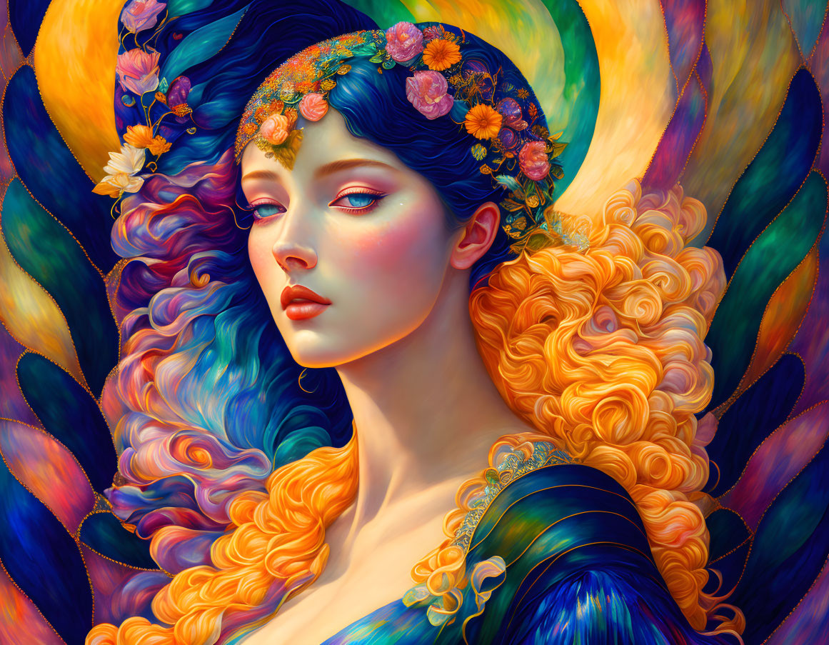 Colorful digital painting of woman with multicolored hair and floral headpiece.