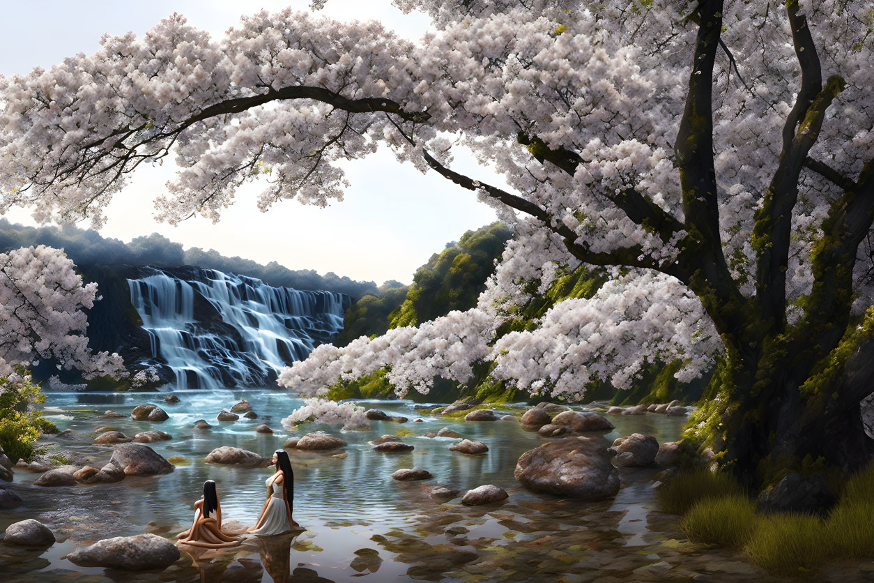 Tranquil river scene with cherry blossoms and waterfall