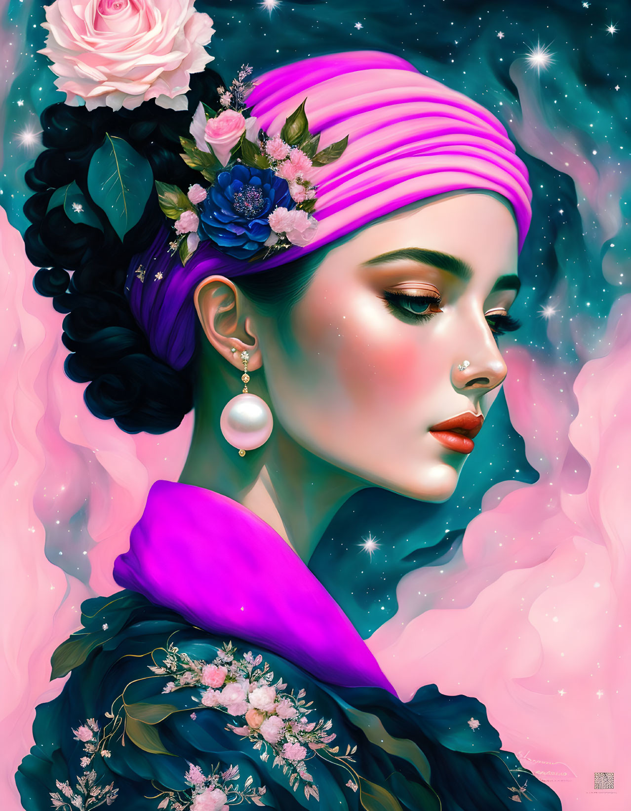 Vibrant portrait of woman with pink headscarf and pearl earring against cosmic backdrop