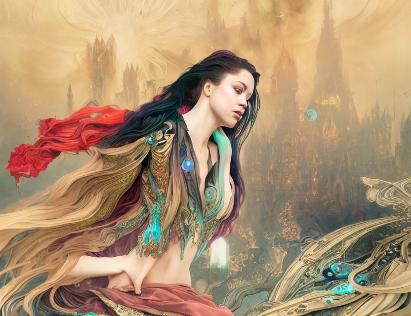 Fantasy artwork: Woman in flowing robes with mystical architecture and ethereal light