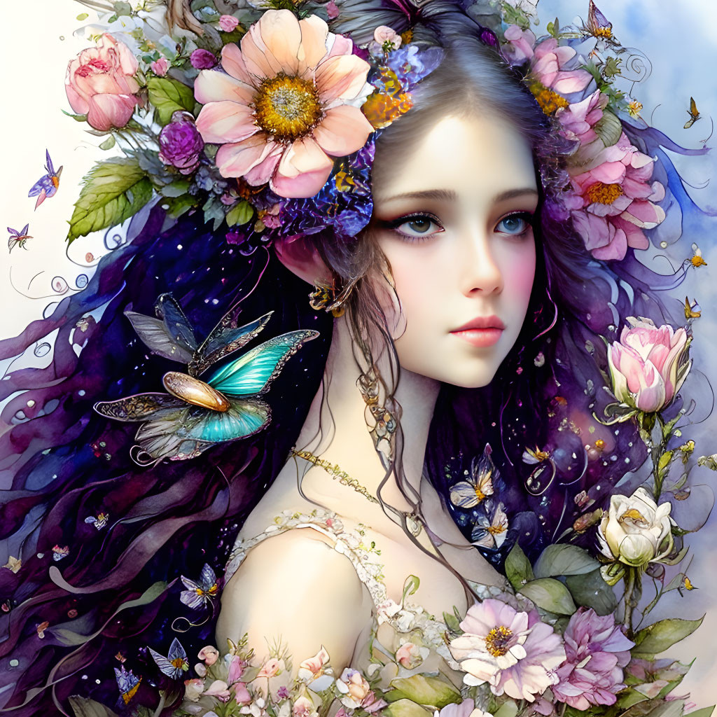 Illustrated portrait of woman with purple hair, flowers, butterflies, and celestial backdrop