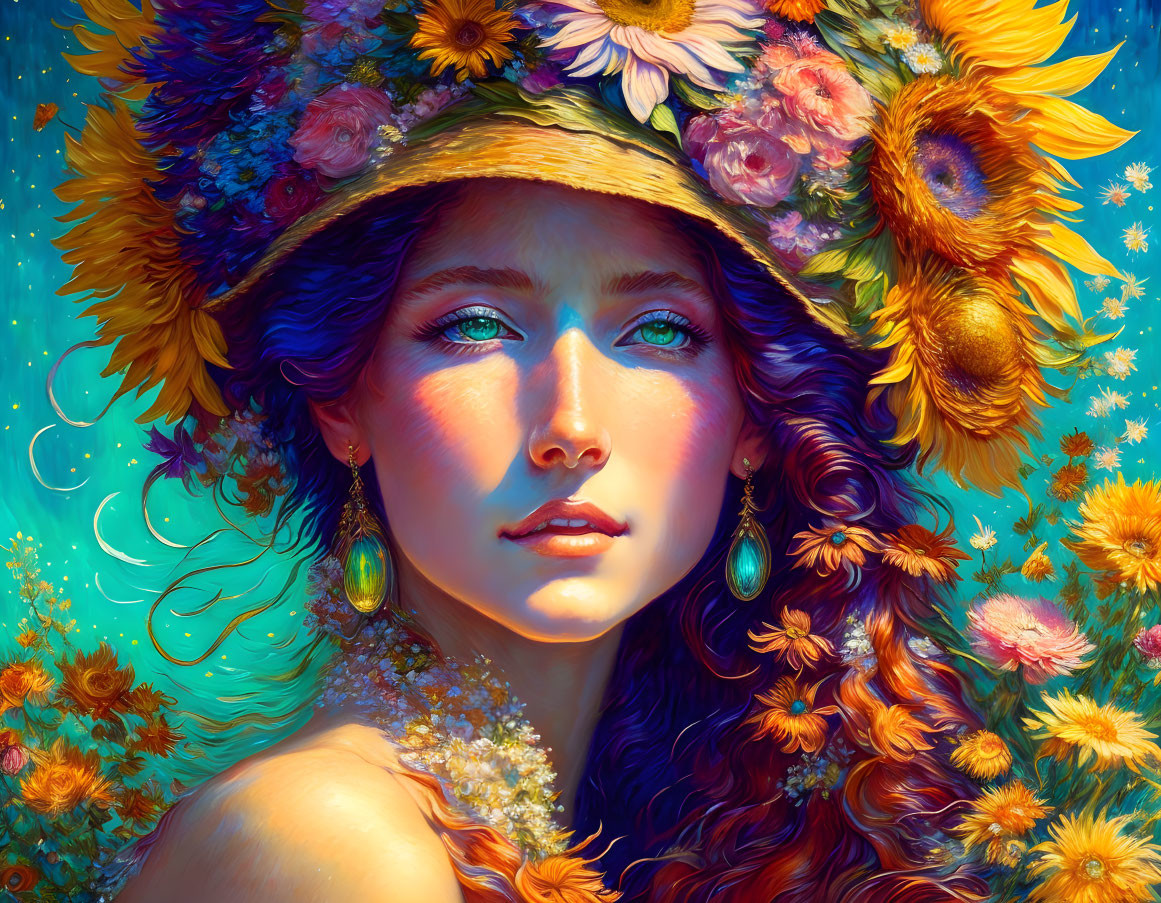 Colorful portrait of a woman with blue eyes and floral hat on vibrant background