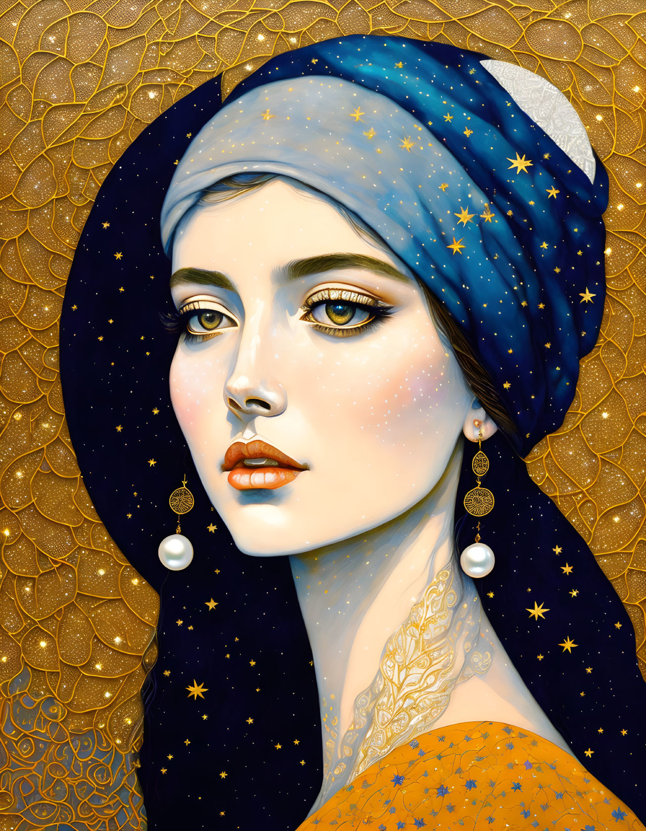 Woman with Starry Blue Headscarf & Orange Garment on Gold Background