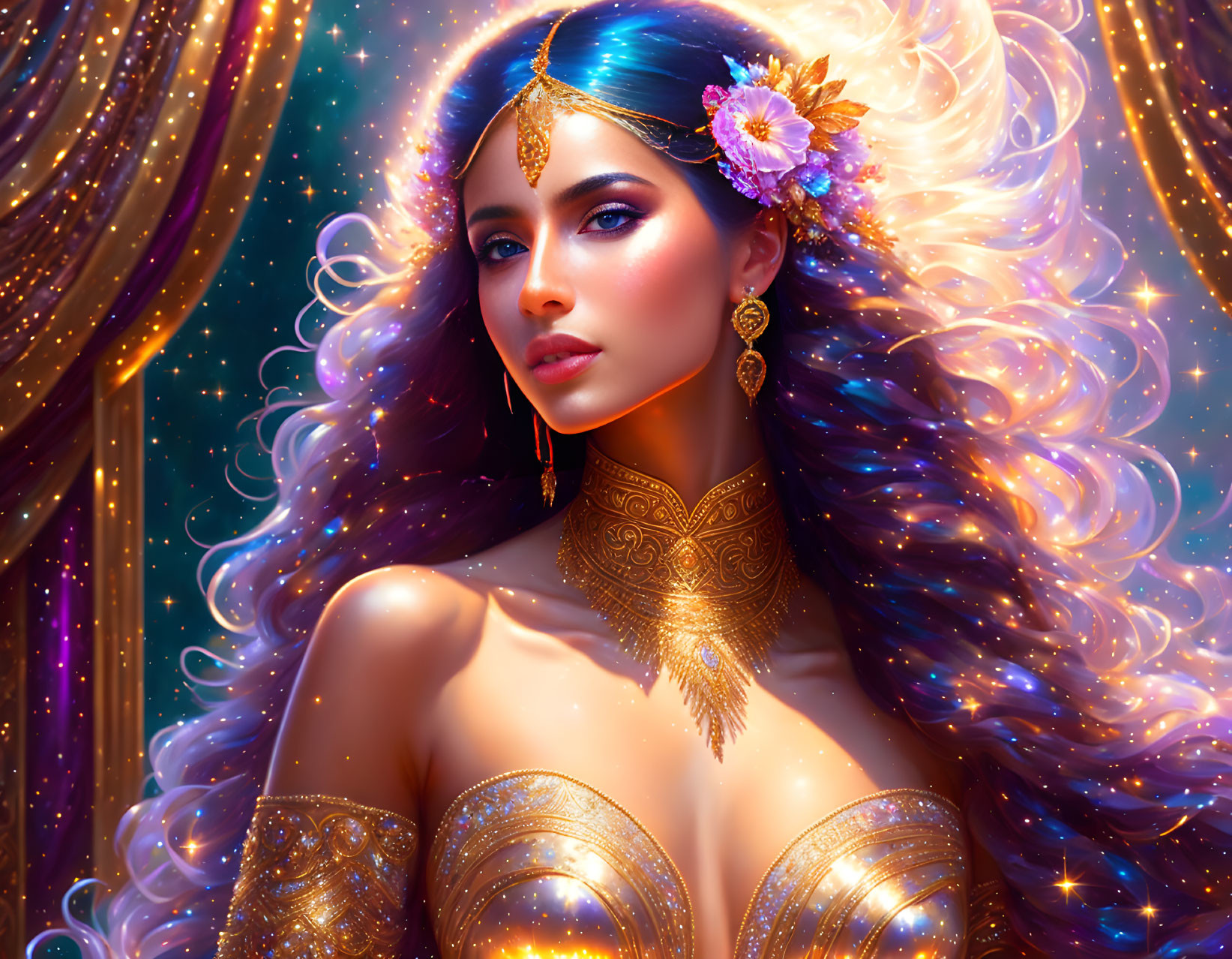 Colorful digital portrait of a woman with wavy hair, floral adornment, and golden jewelry under