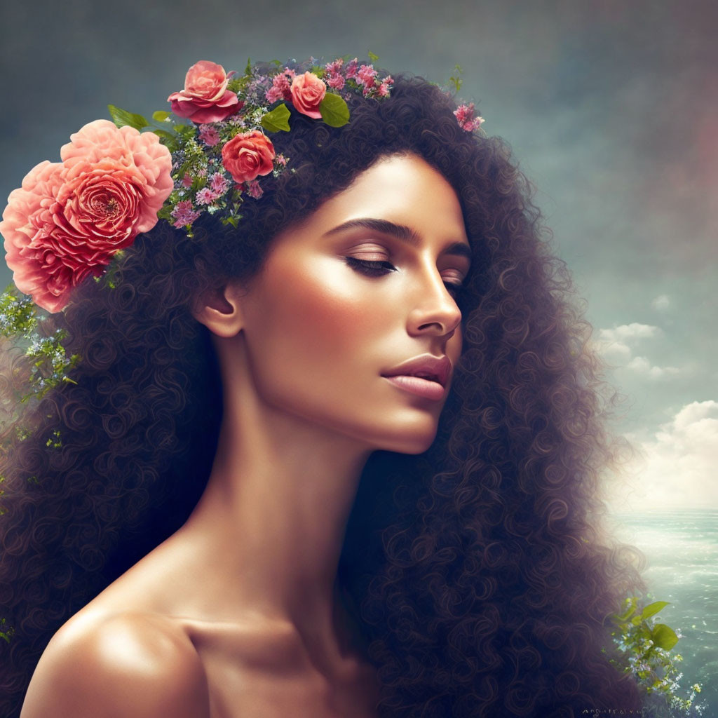 Woman with Curly Hair and Flowers Profile View against Clouds and Sea