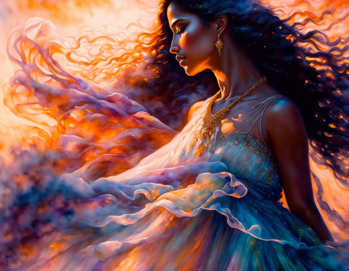 Woman with flowing hair and dress surrounded by ethereal flames in vibrant orange and purple setting