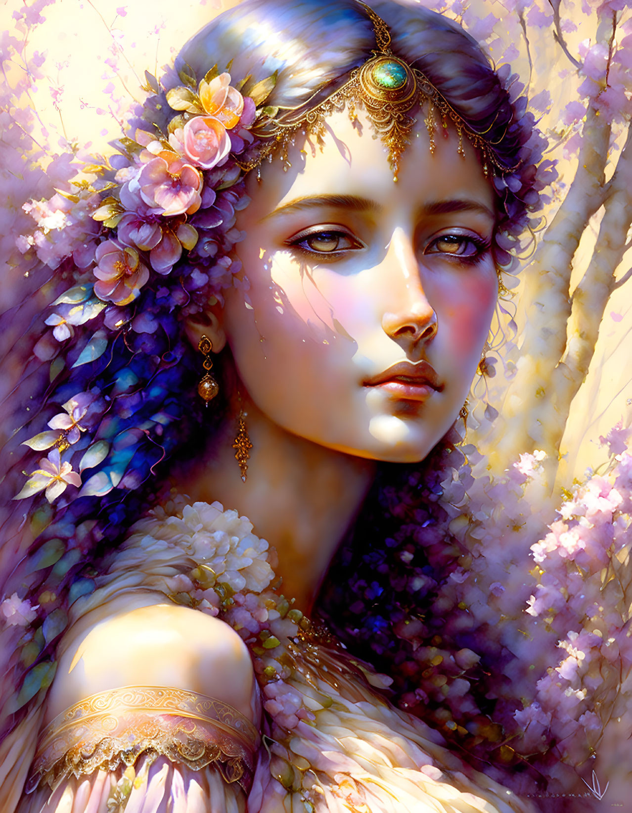 Portrait of Woman Adorned with Flowers and Jewelry in Golden Light