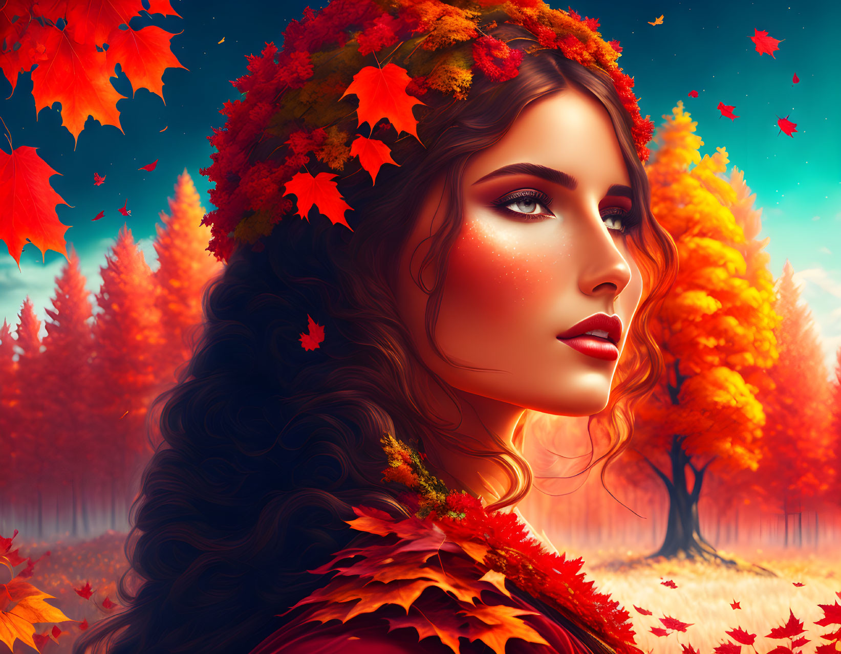 Digital artwork: Woman with autumn leaves in hair, mystical autumn forest background