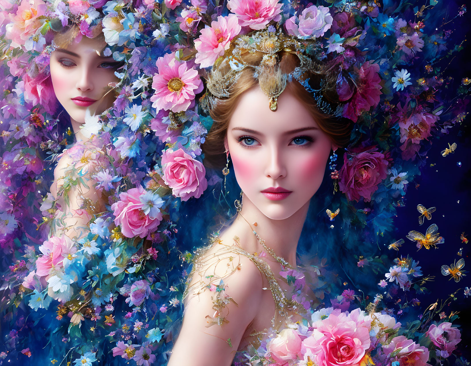 Ethereal women with floral crowns in vibrant garden setting