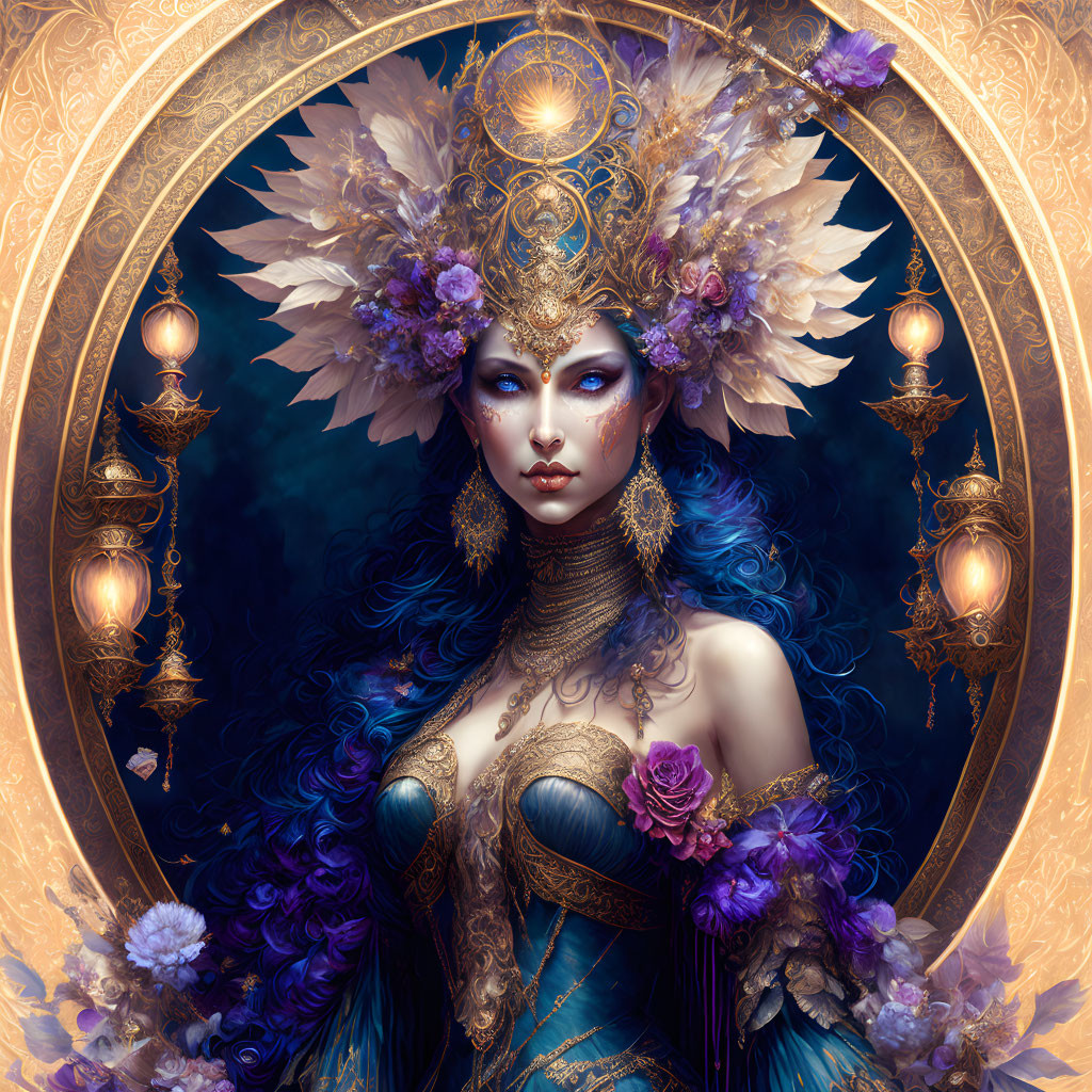 Regal figure with feathered headdress and ornate jewelry in golden circle