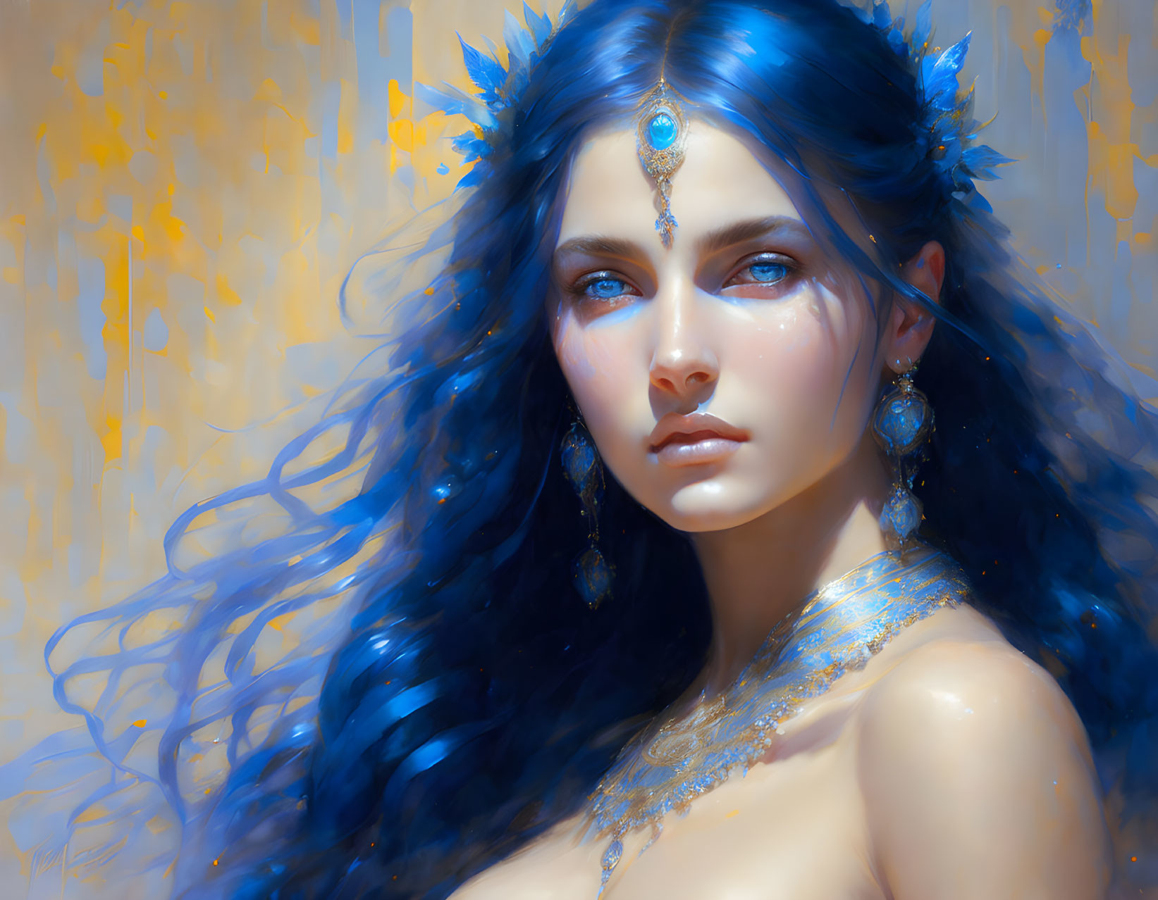 Fantasy portrait of woman with blue hair and eyes, wearing jewelry and crown on golden background