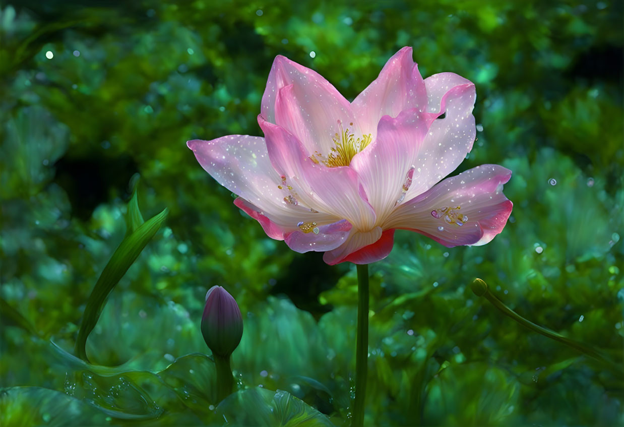 Pink flower with water droplets on petals against green background with budding companion.