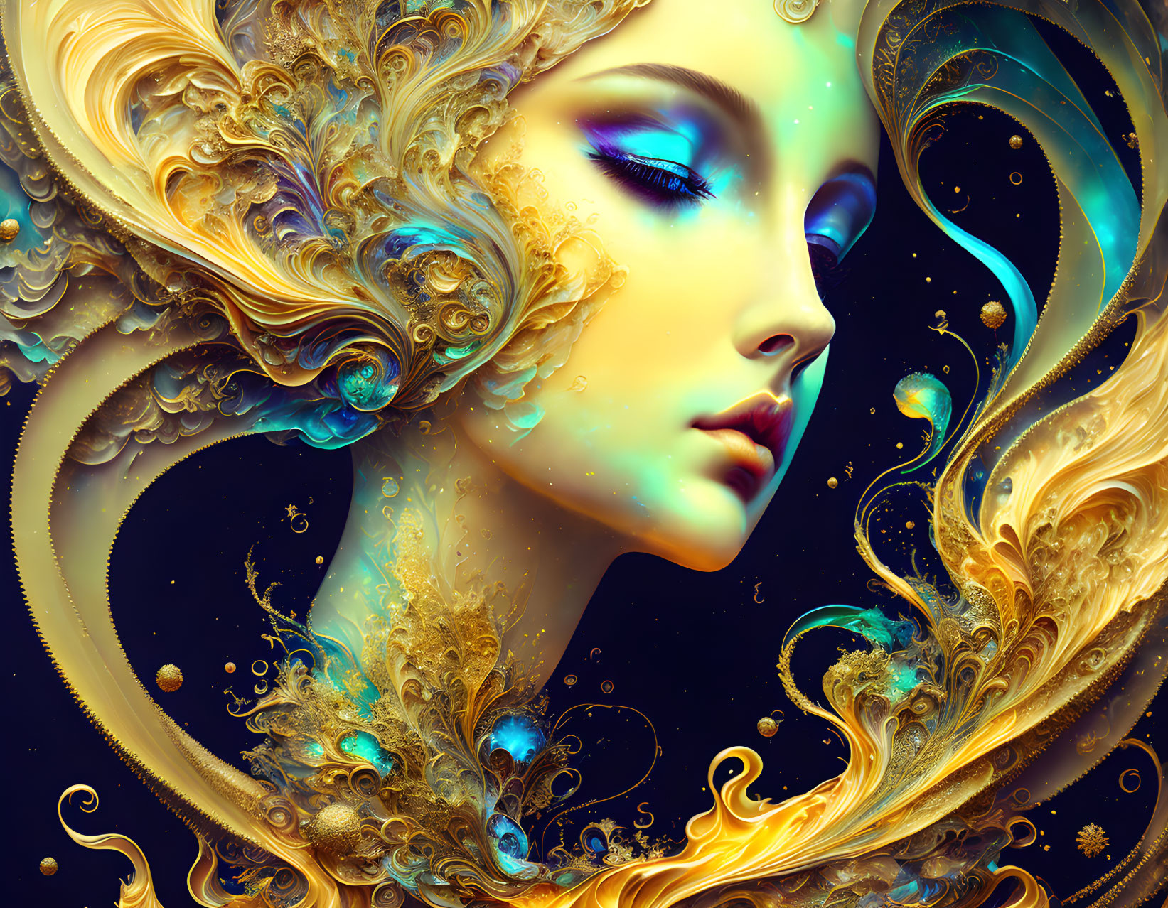 Colorful digital art: Woman with golden hair and celestial motifs on serene blue background