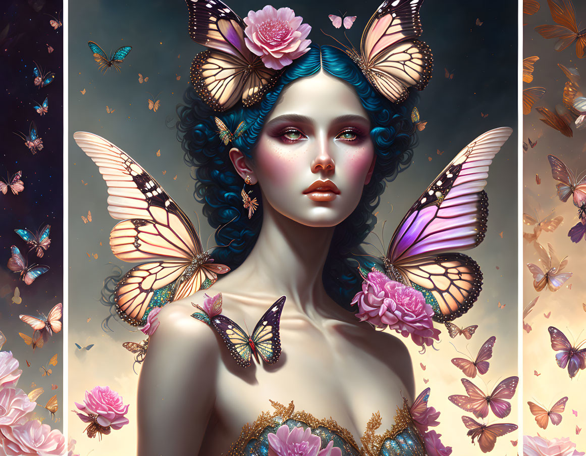 Fantasy portrait of woman with butterfly wings and floral motif