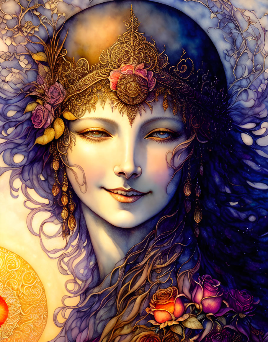 Detailed illustration: Woman with gold headpiece, roses, curly hair, in celestial backdrop