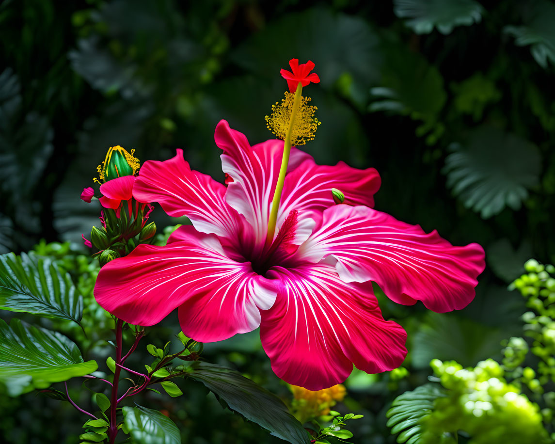 Vibrant red hibiscus with white veins and yellow stamen on green background