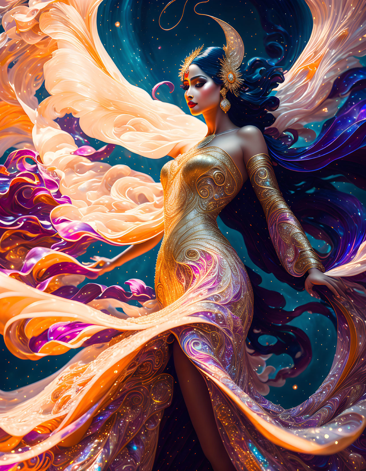 Surreal illustration of woman in golden attire with cosmic elements