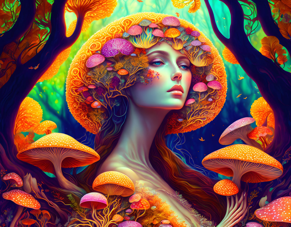 Illustration of woman with mushroom and tree hat in enchanted forest