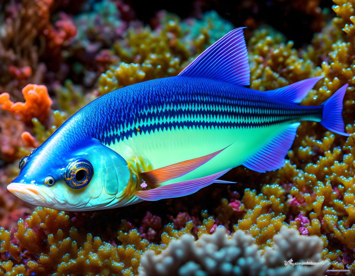 Colorful Tropical Fish with Blue and Yellow Gradients Swimming Near Coral