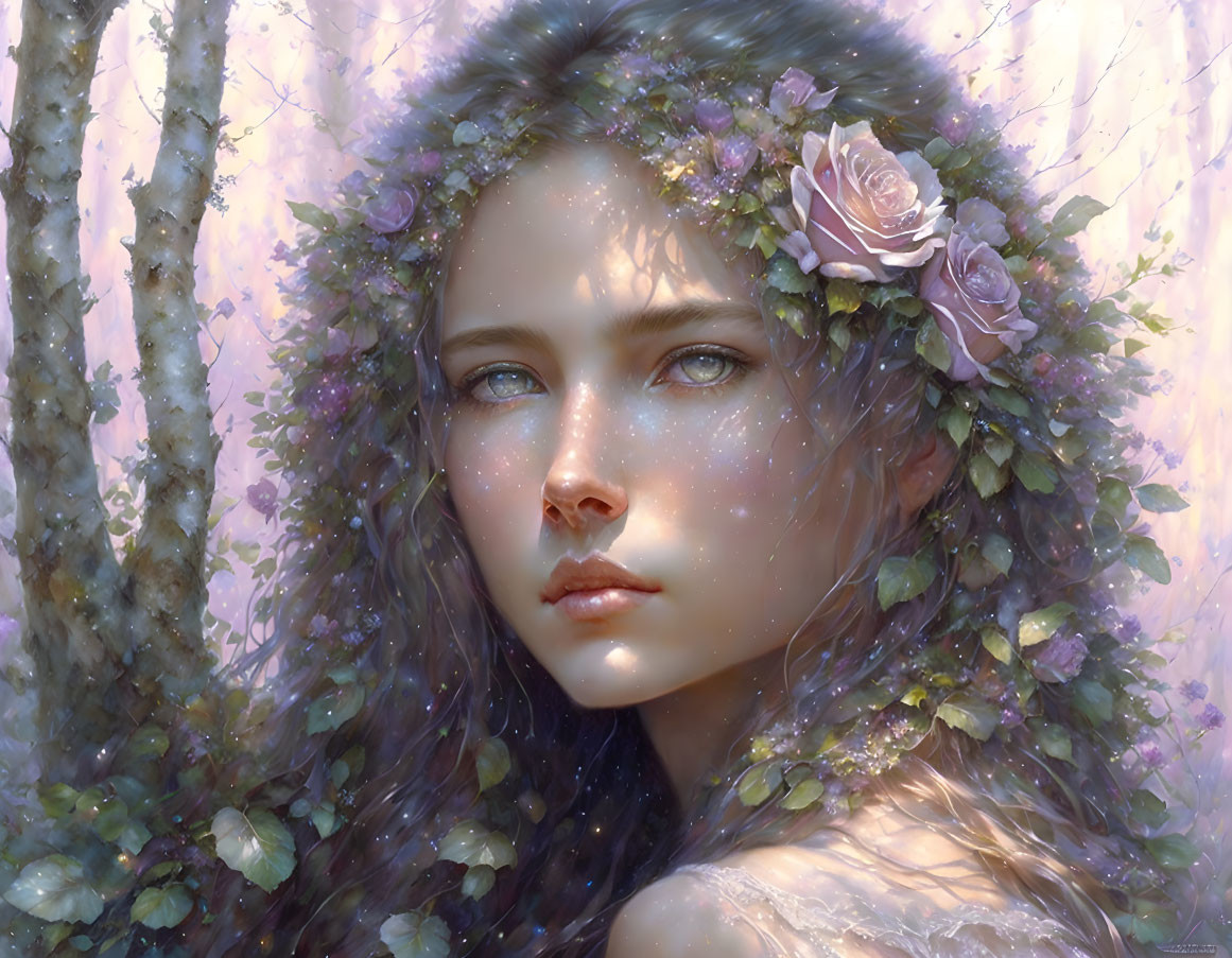 Woman portrait with floral hair embellishments and birch trees in serene setting