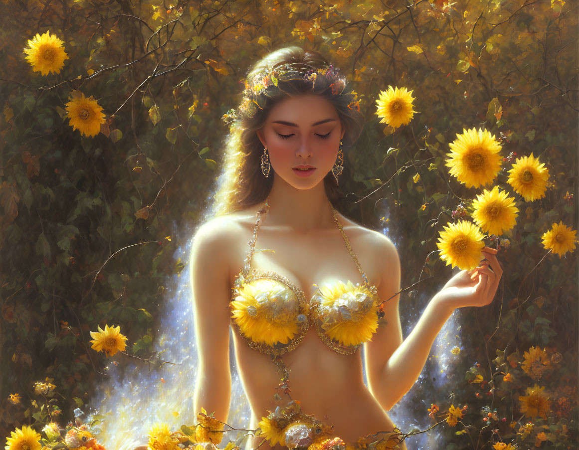 Woman in Sunflower Attire Surrounded by Blooming Garden