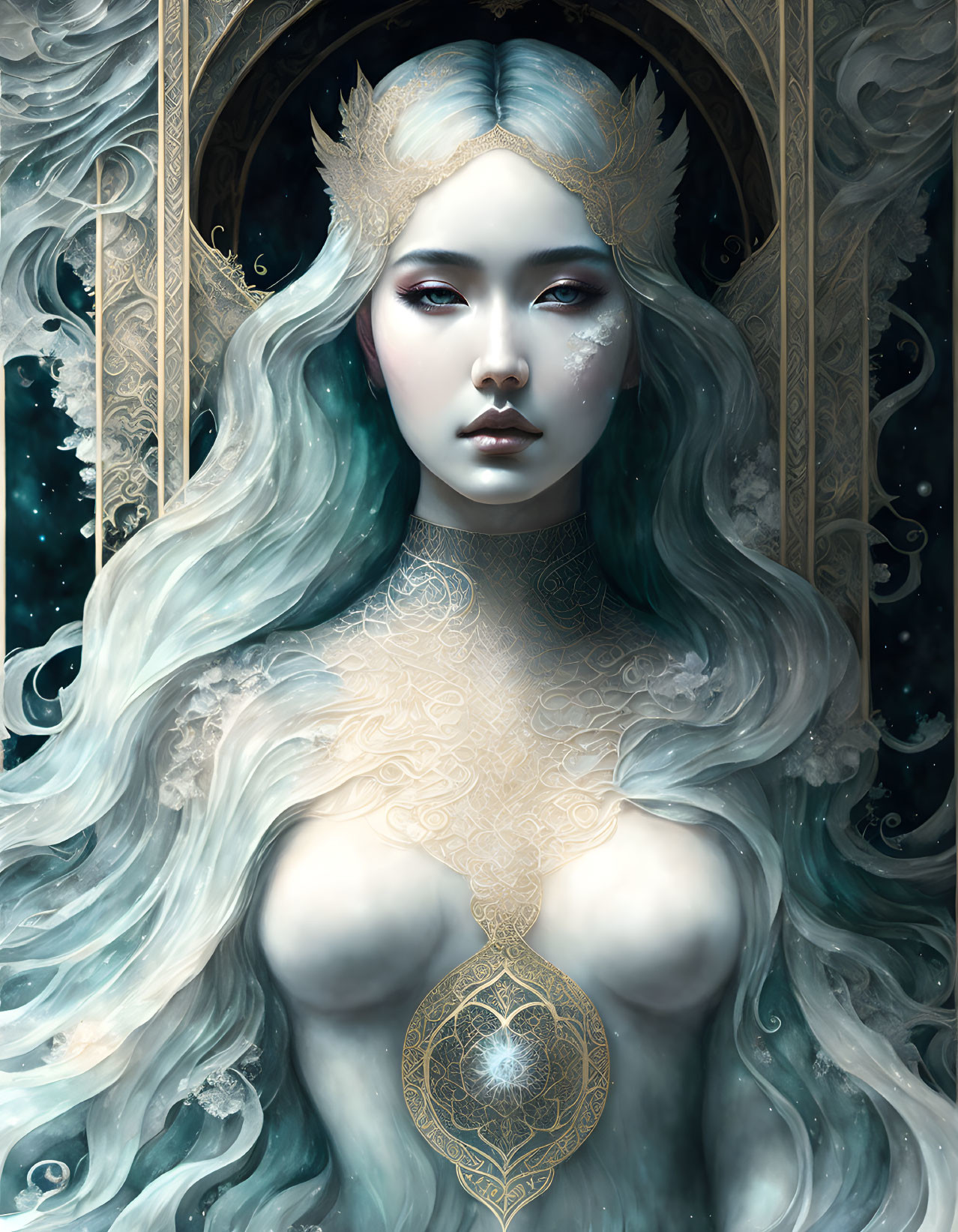 Ethereal fantasy figure with pale skin, golden crown, and cosmic backdrop