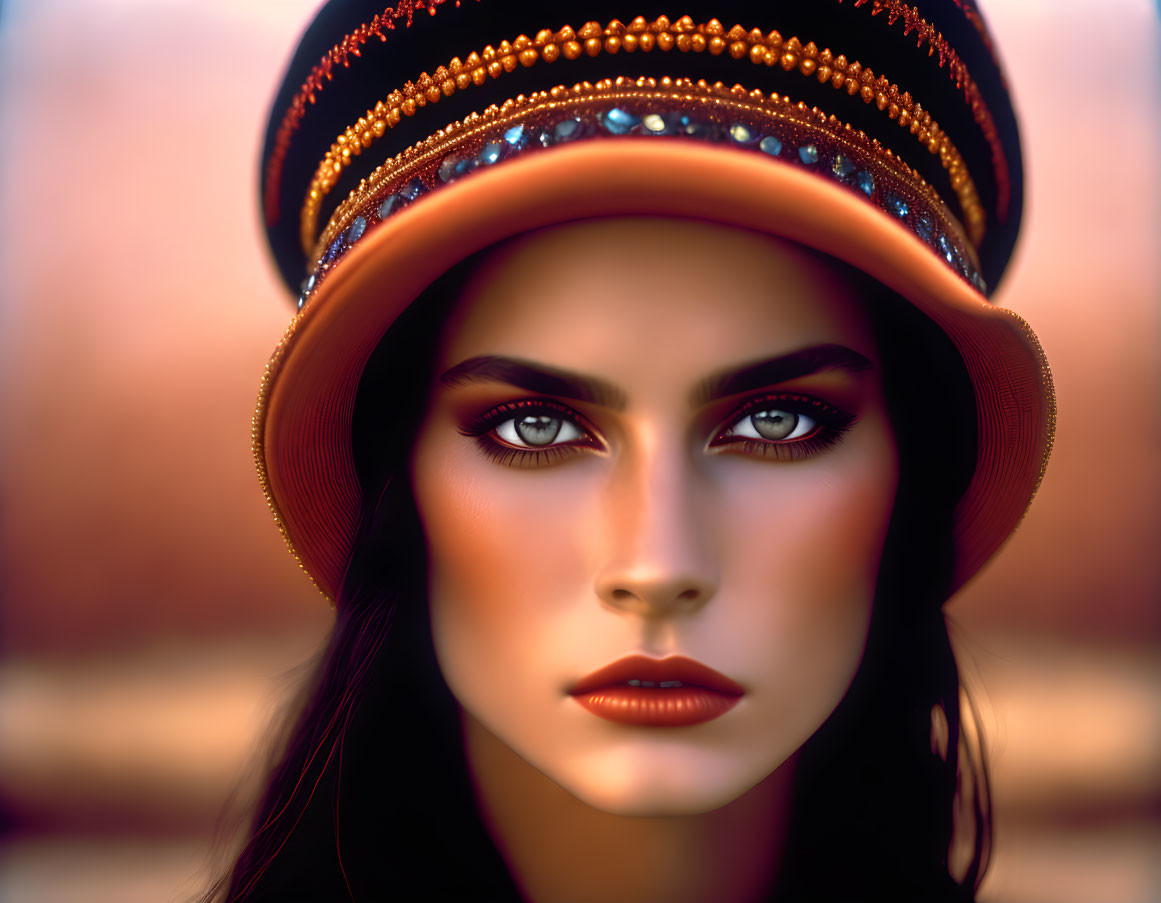 Hyper-realistic portrait of woman with green eyes and ornate orange hat.