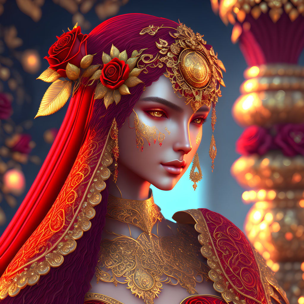 Digital artwork: Woman in gold jewelry and red headdress with roses, whimsical backdrop.