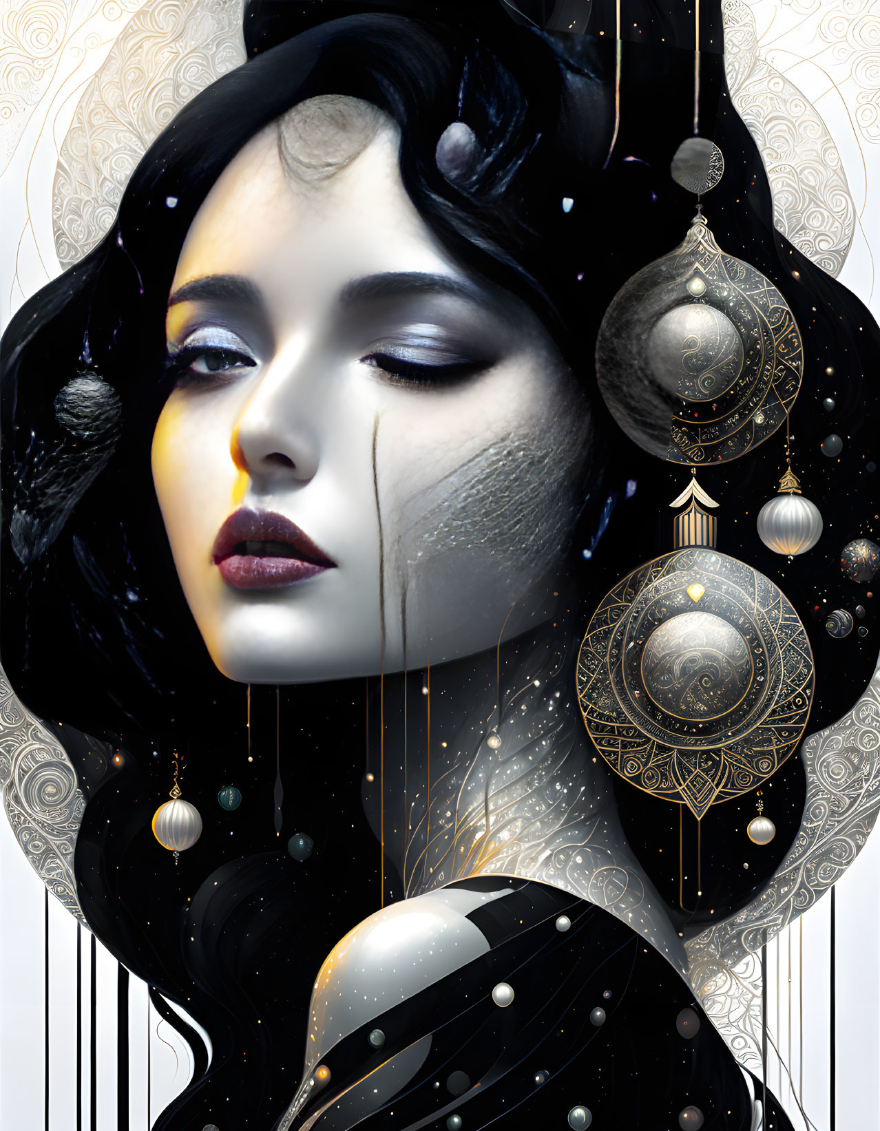 Pale-skinned woman with dark hair in cosmic-themed illustration.