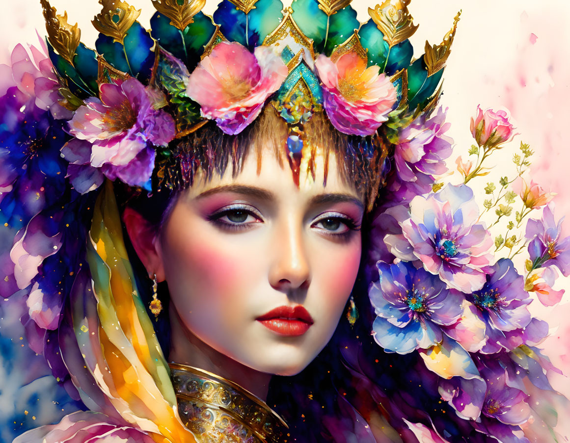 Colorful Floral Crown Portrait of Woman with Flowers