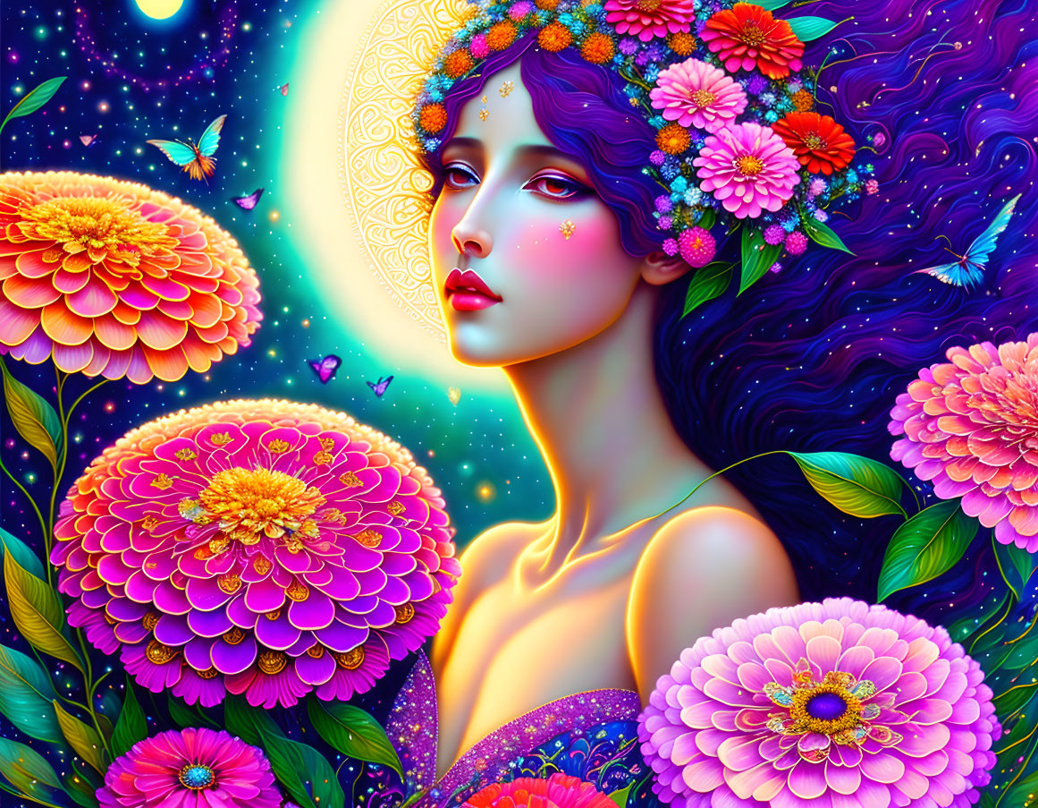 Colorful illustration: Woman with purple hair and floral decorations against moon and flowers