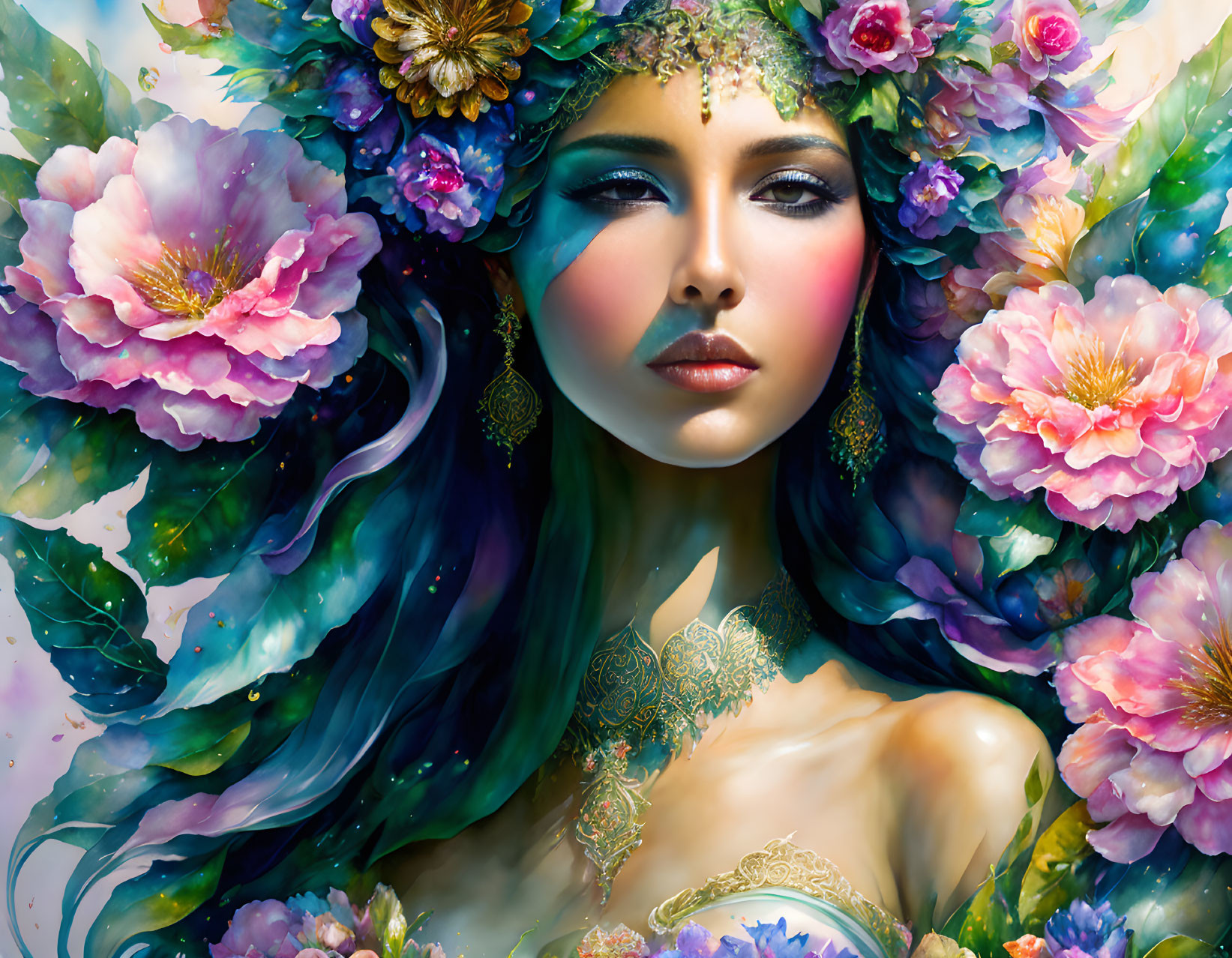 Fantasy female figure portrait with floral wreath and peony flowers.