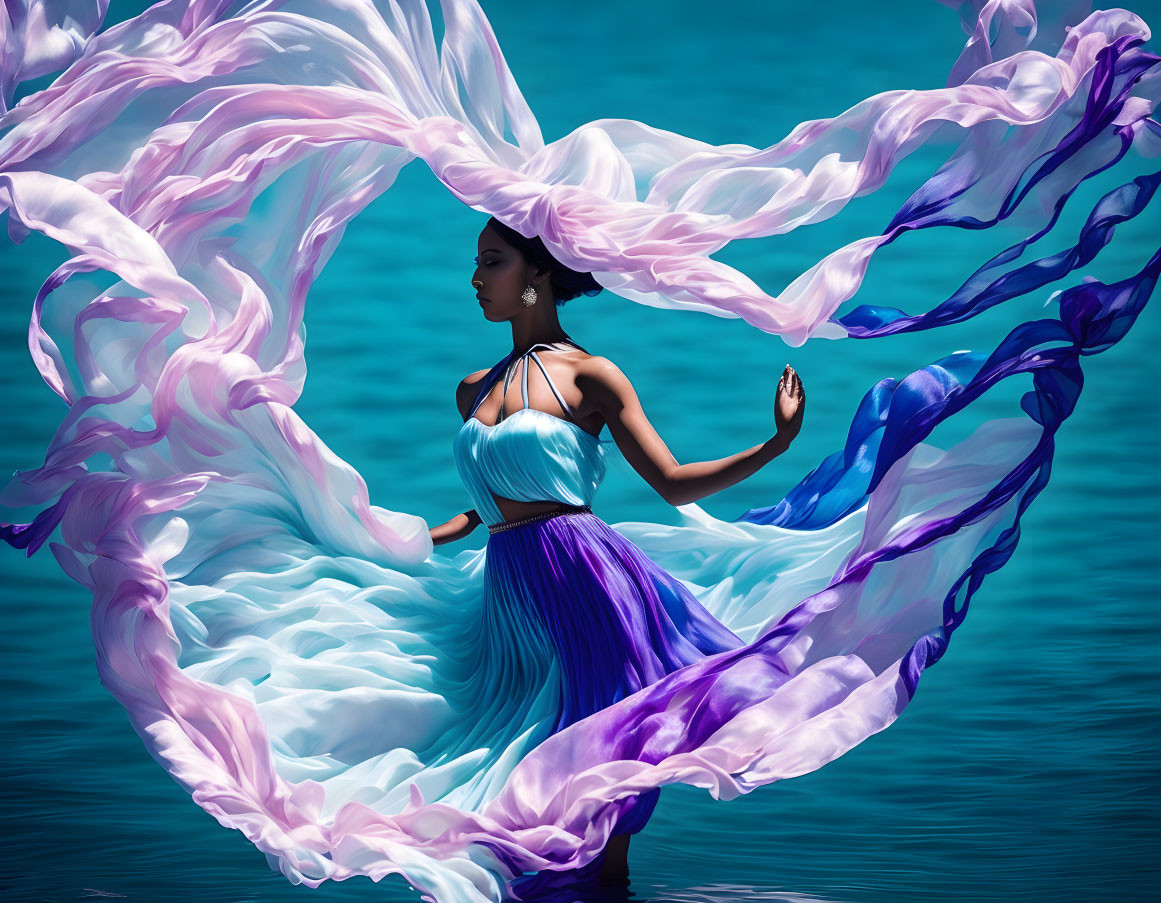 Woman in Blue and Purple Dress by Water: Fabric Forms Heart Shape