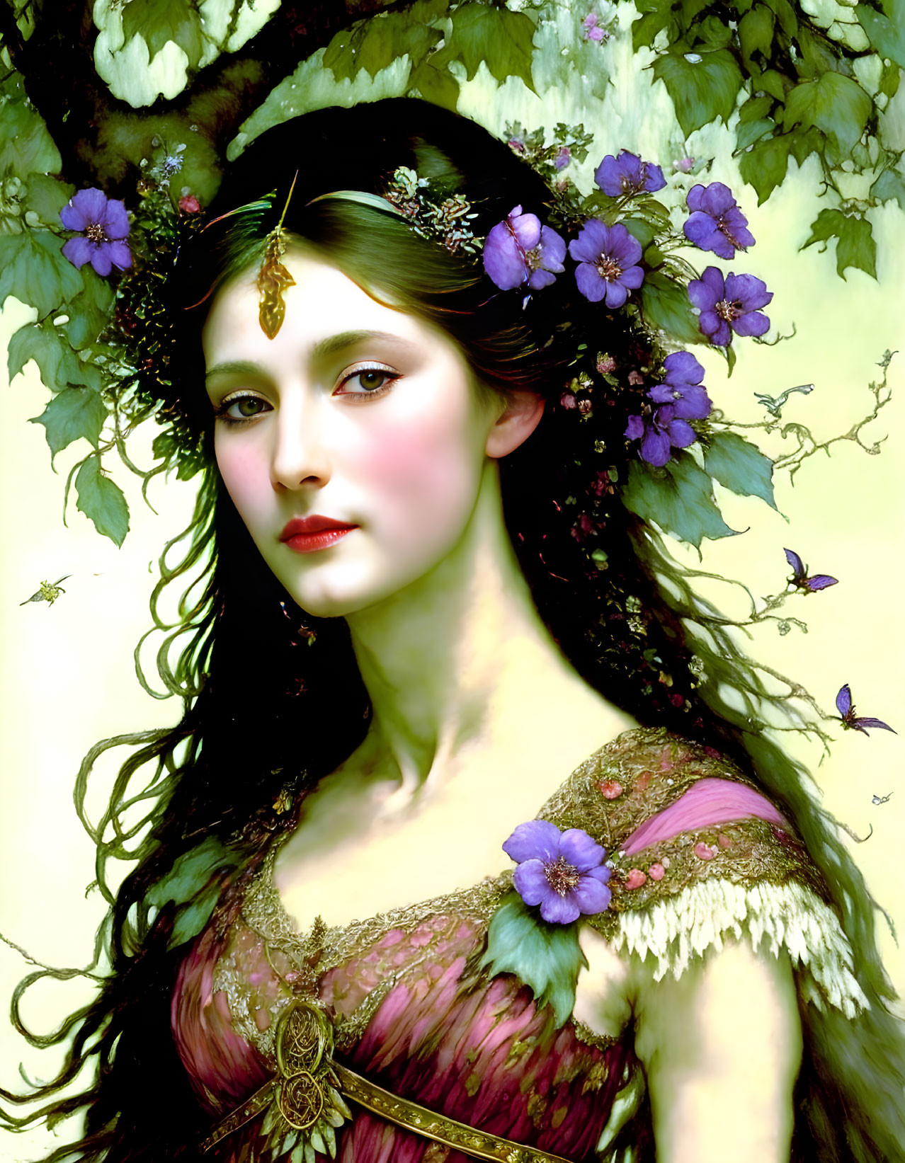 Portrait of woman with floral crown, long hair, surrounded by greenery and butterflies