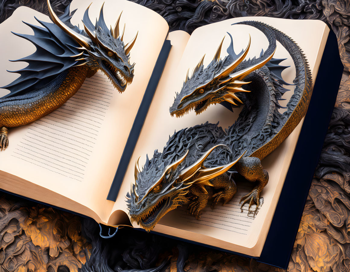 Detailed 3D two-headed dragon from open book on dark background