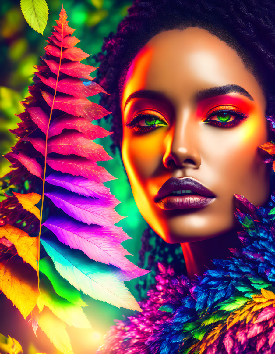 Colorful makeup portrait harmonizing with vibrant autumn leaves.